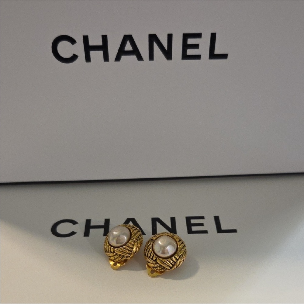 CHANEL Gold and White Pearl Earrings